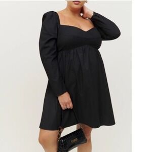 Reformation Kenzi Mini Dress 20 Puff Sleeve Organic Cotton Smocked LBD Black